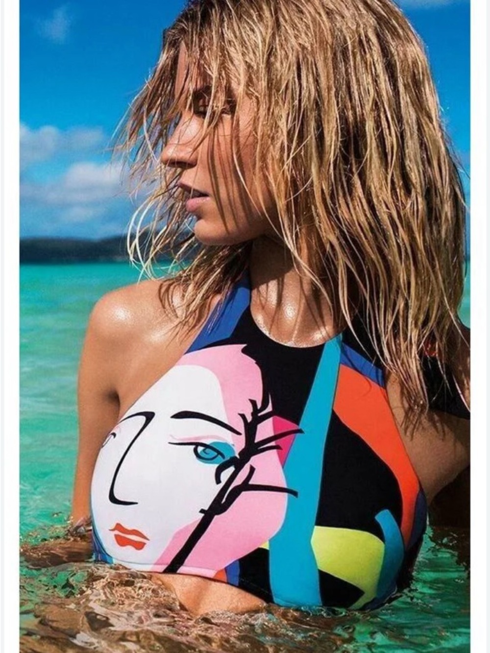 Seafolly Bikini Top Size 10 Womens Abstract Face Halter Multicolor Beach Boho